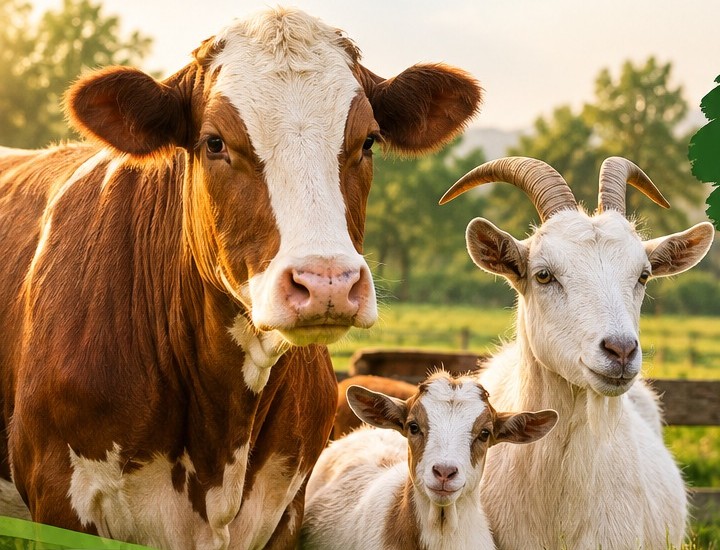 A brown and white cow with a white goat and kid on the Jazeera Agro pasture